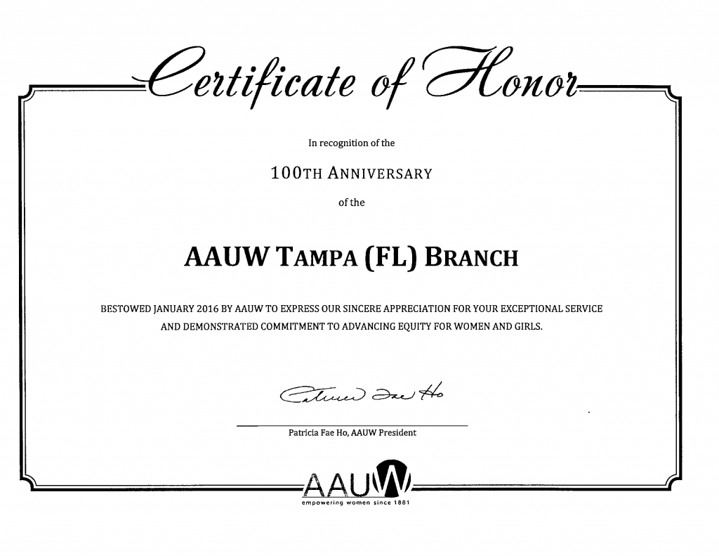 Certificate in honor of the 100th anniversary of the founding in the AAUW Tampa (FL) branch