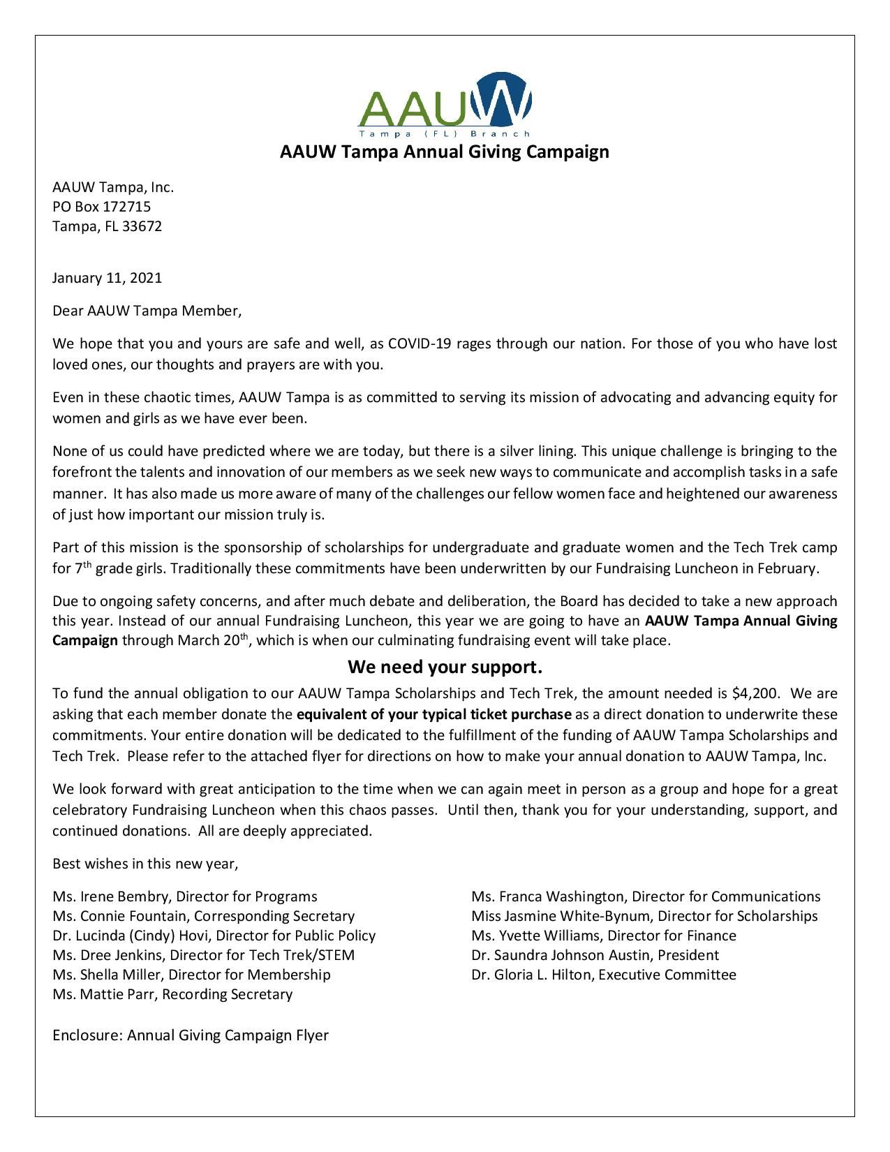 AAUW Tampa 2021 Giving Campaign Letter